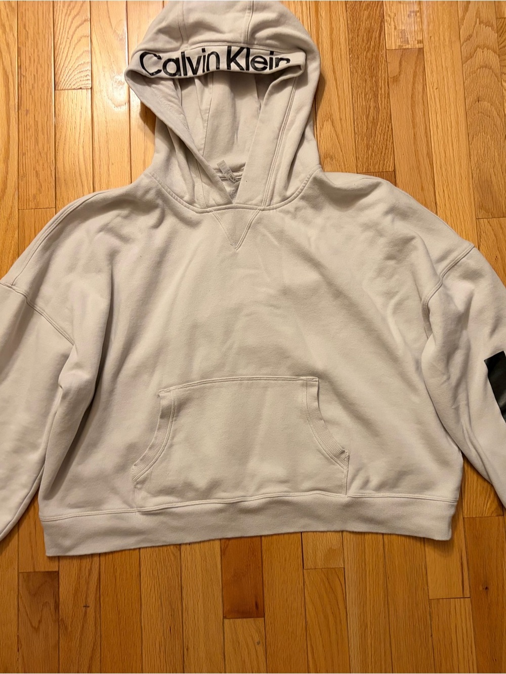 Calvin Klein Performance Cream off white Hoodie with Black Logo on Hood, sleeves